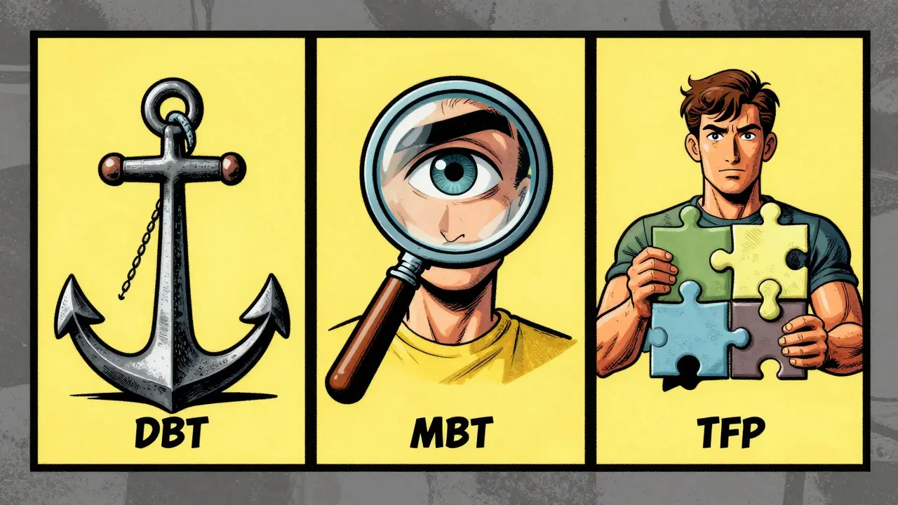 Tři pilíře terapie zobrazené jako kotva, lupa a puzzle v rozdělených panelech starého komiksu.