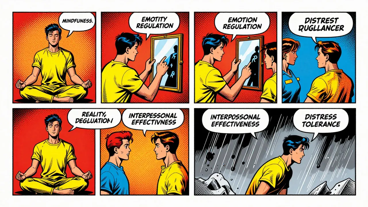 Čtyři moduly DBT tréninku dovedností v komiksovém stylu