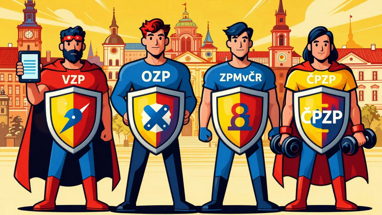 Čtyři postavy pojišťoven s odznaky v Praze, komiks