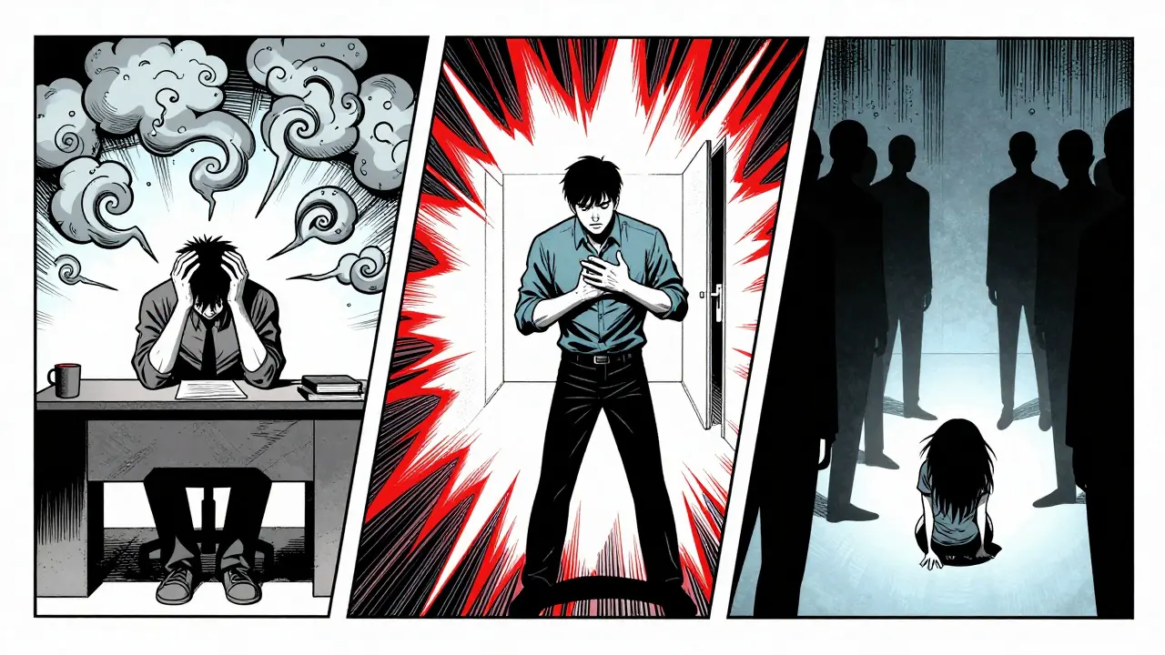 Ilustrace různých typů úzkostných poruch v komiksu