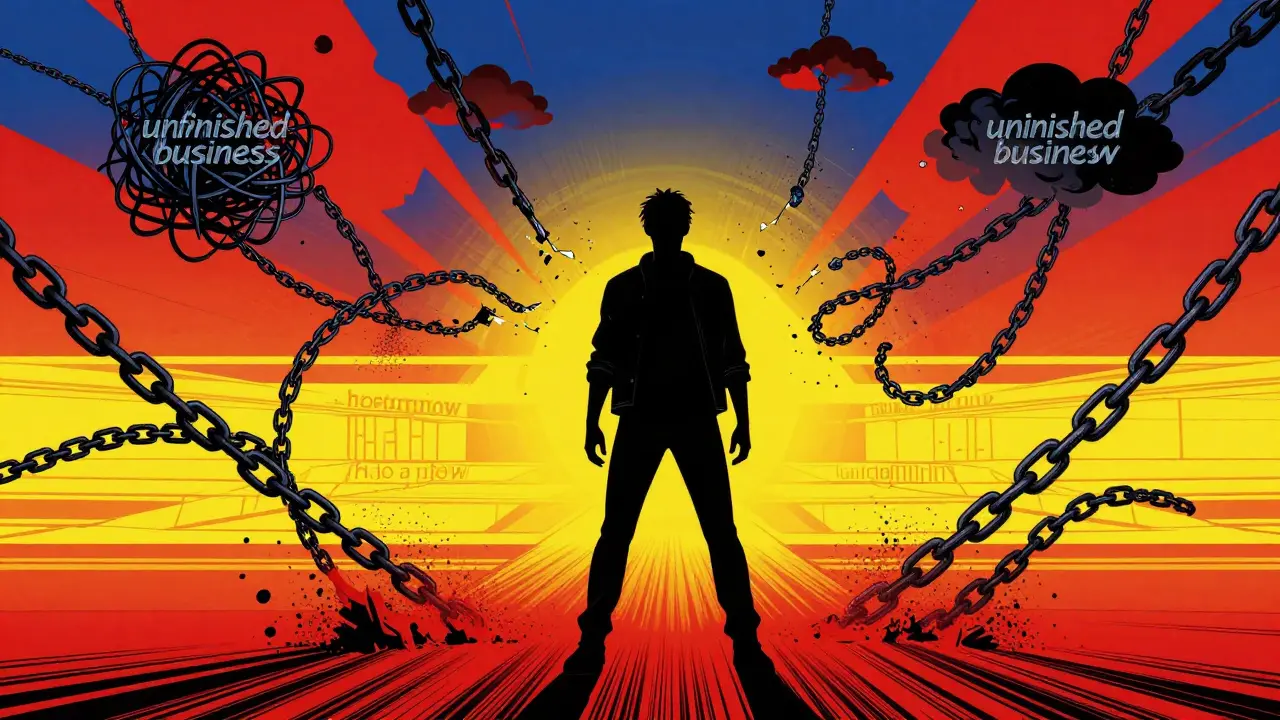 Komiks: Člověk se osvobozuje od řetězů nedokončených procesů