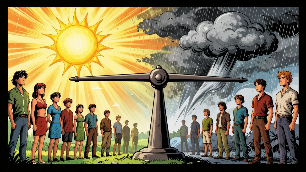 Komiksová ilustrace vyvažování radosti a strasti pro odolnost a rovnováhu života