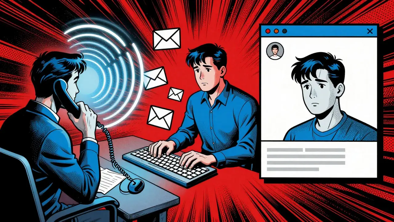 Komiksová scéna zobrazující telefonování, e-maily a chat jako formy terapie