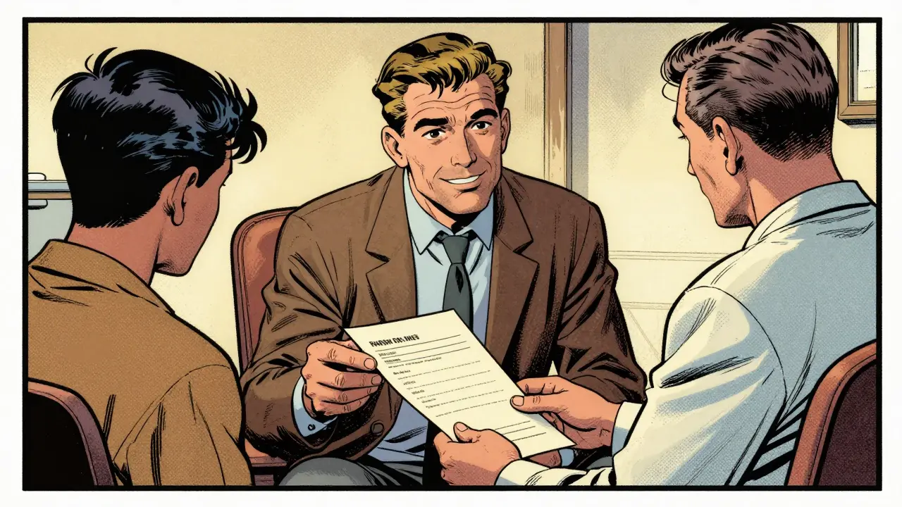 Terapeut vysvětluje poplatky klientovi v kanceláři ve stylu komiksu