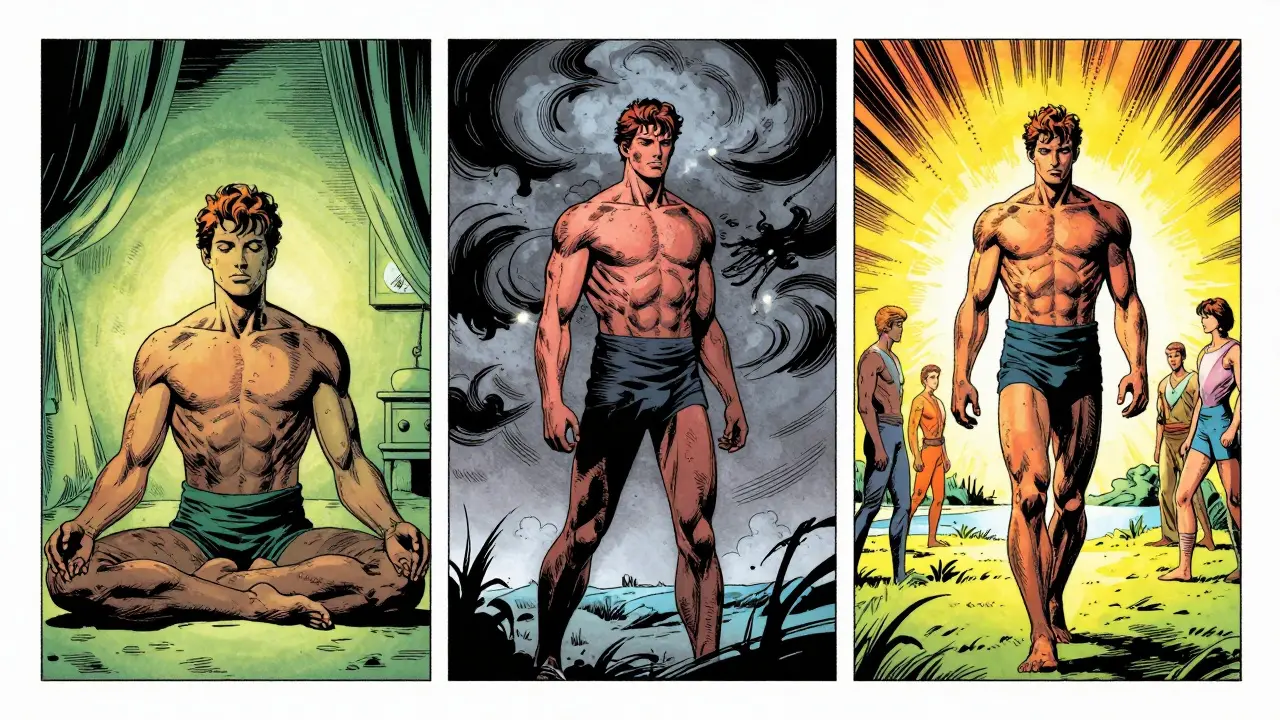 Tři fáze léčby traumatu v komiksovém stylu