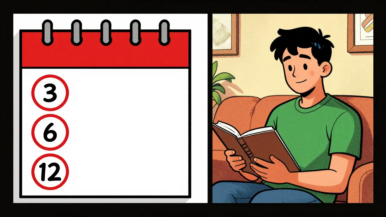 Ilustrace komiksu: plán kontrolních sezení po terapii a domácí příprava