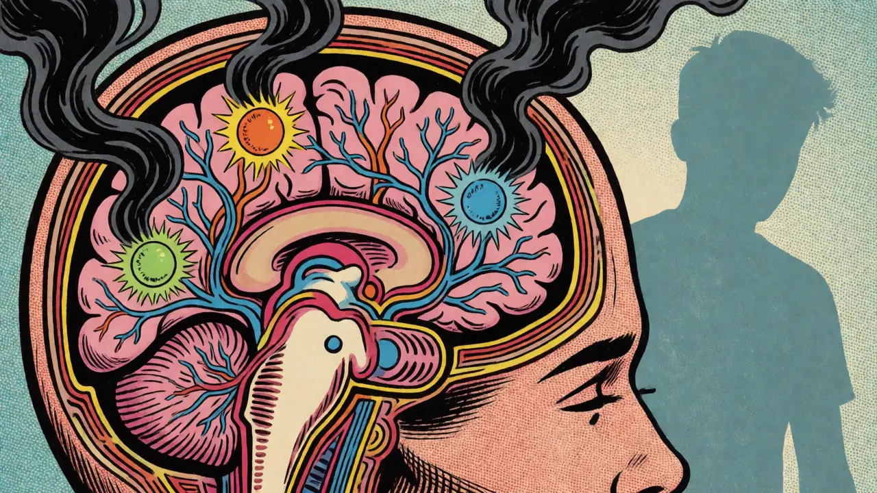 Ilustrace mozku s narušenými neurotransmitery