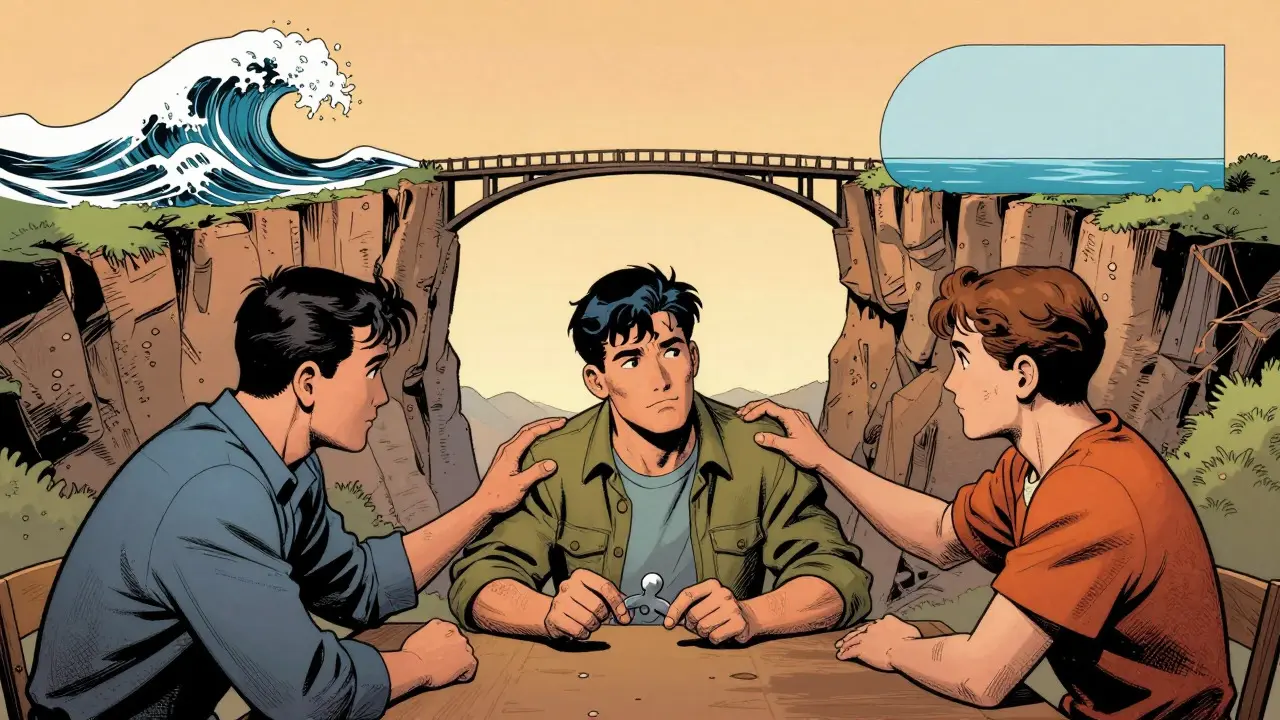 Komiks znázorňující rodinnou podporu a postupný pokrok v řízení chování při ADHD