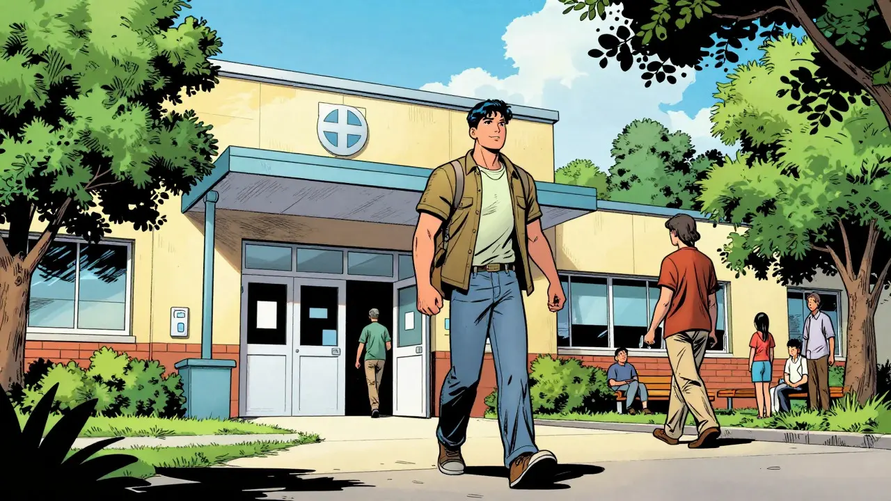Komiksová scéna propuštění pacienta z nemocnice do objetí rodiny venku