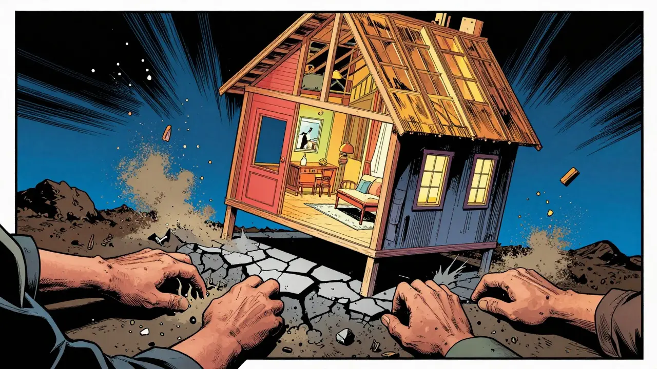 Metafora stavby domu: základy a interiér v komiksovém stylu