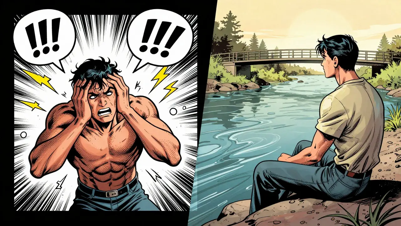 Porovnání roztěkané mysli a klidného pozorování toku řeky v komiksovém stylu