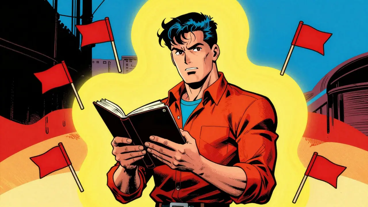 Postava držící deník s varovnými vlajkami v pozadí ve stylu starého komiksu