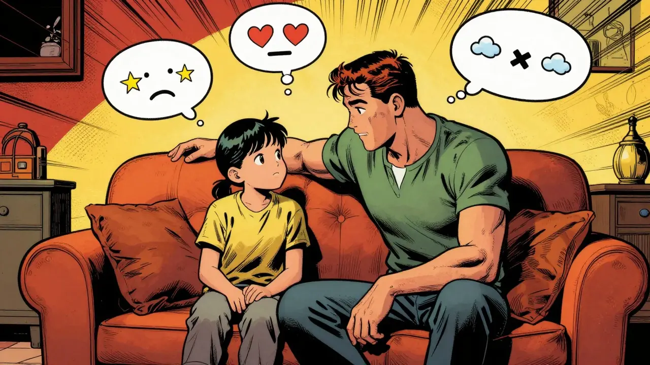 Rodina v obýváku ukazuje aktivní naslouchání v komiksu