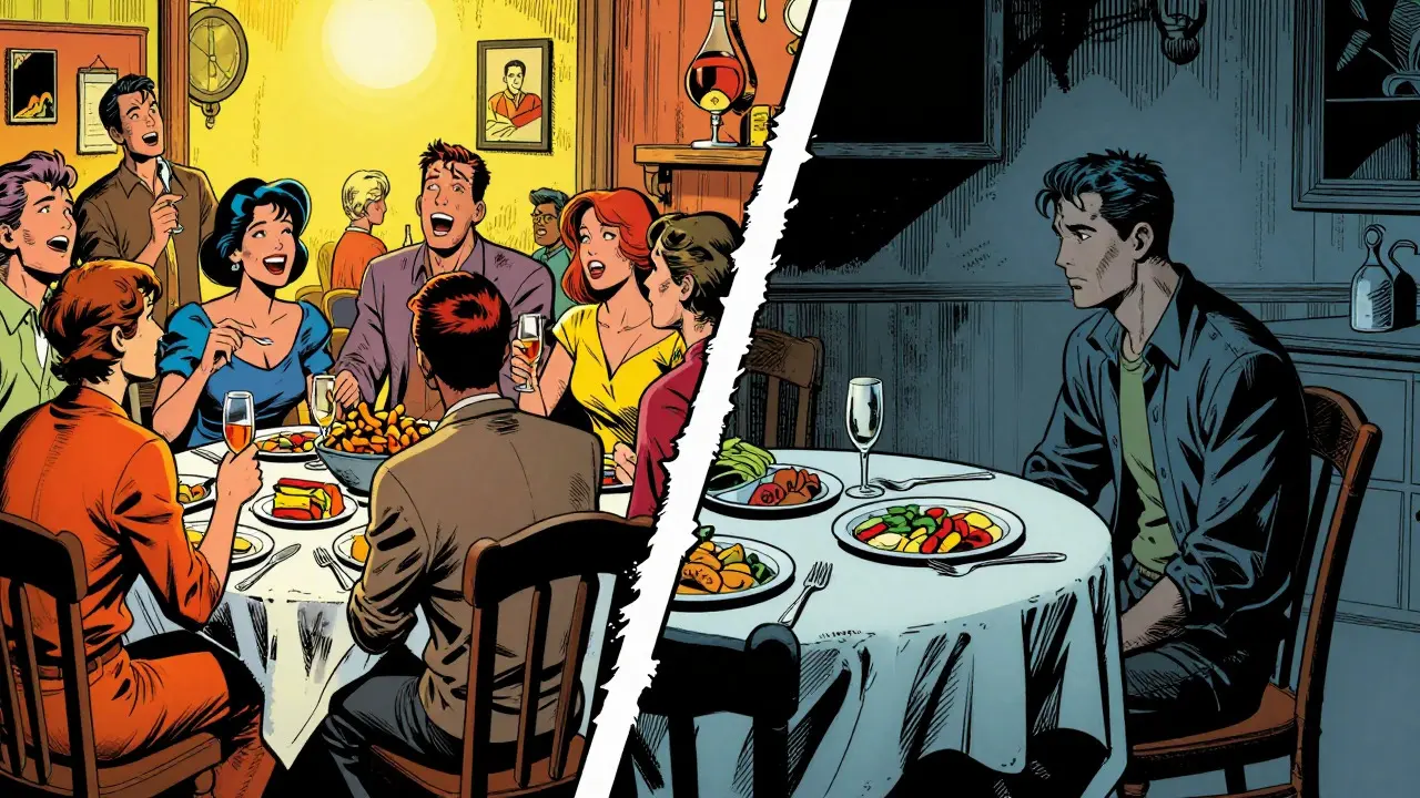 Rozdělená komiksová scéna ukazující sociální izolaci od přátel kvůli rigidním jídelním pravidlům