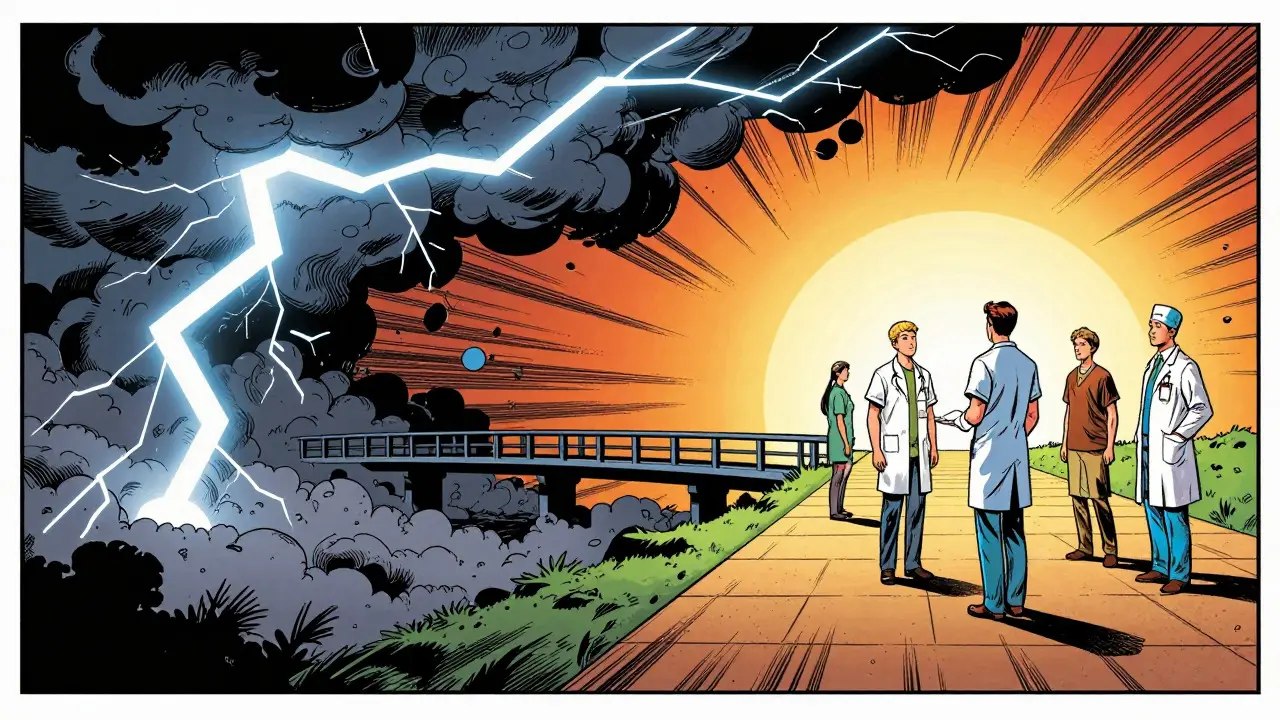 Symbolický přechod od traumatu k péči v grafickém stylu komiksu