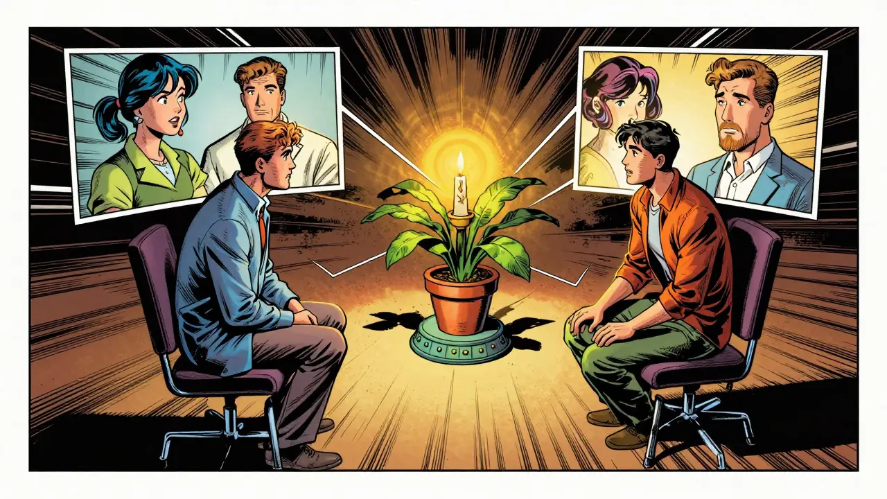 Terapeut a klient propojení digitálním oltářem v komiksovém panelu