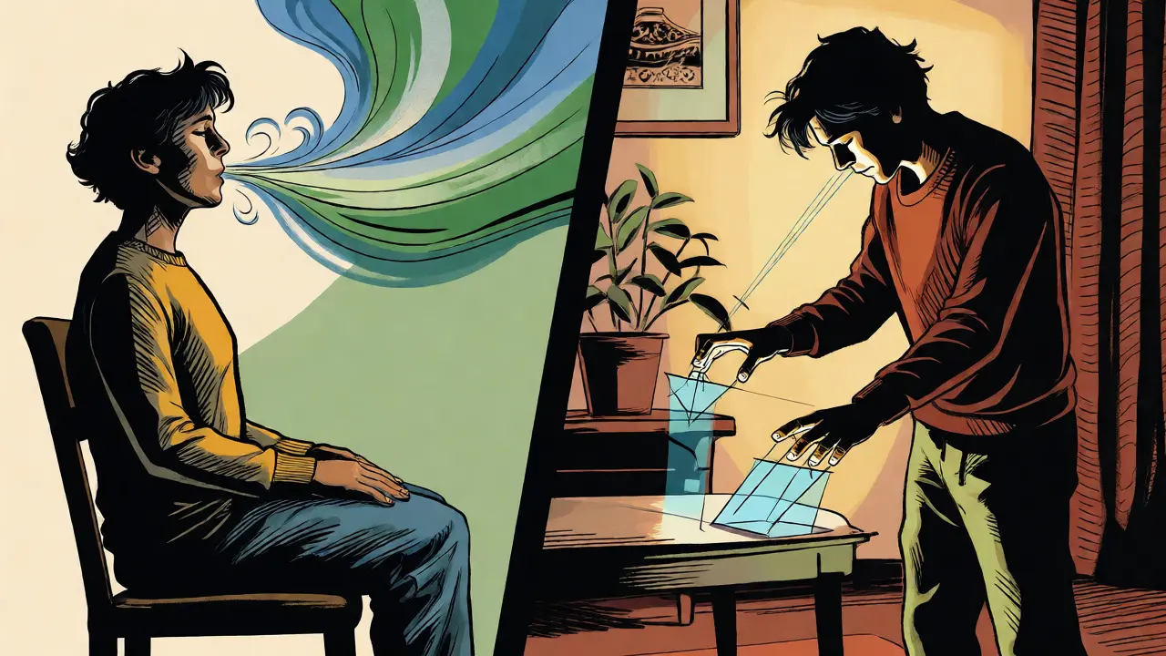 Comic style split panel showing deep breathing exercises and sensory grounding techniques.