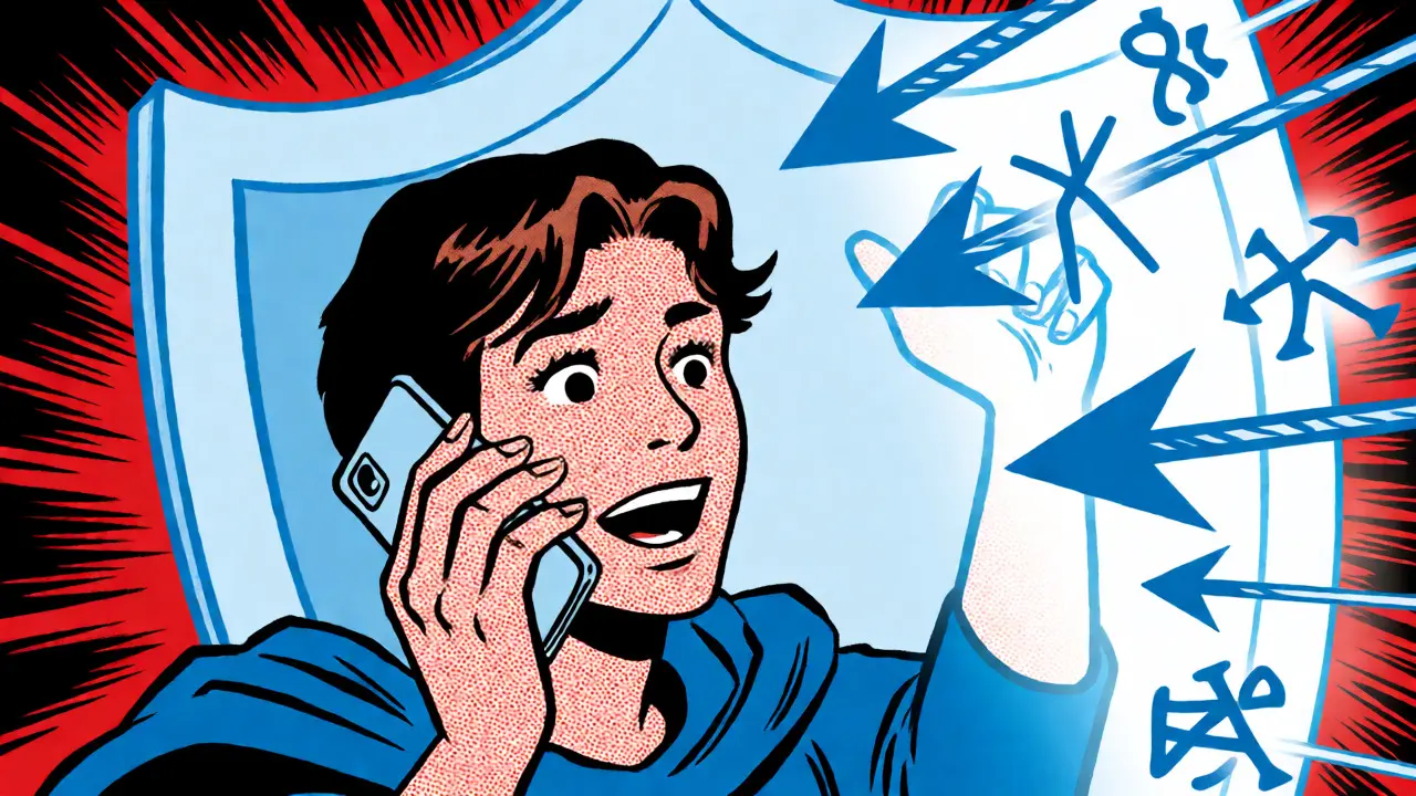 Osoba telefonuje s ochranným štítem proti panice, ilustrace ve stylu starého komiksu.