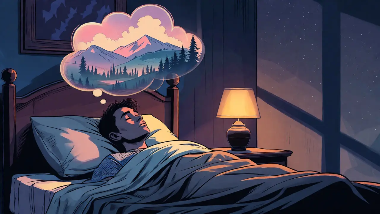 Peaceful comic illustration of a person relaxing in bed at night with calming visualizations.