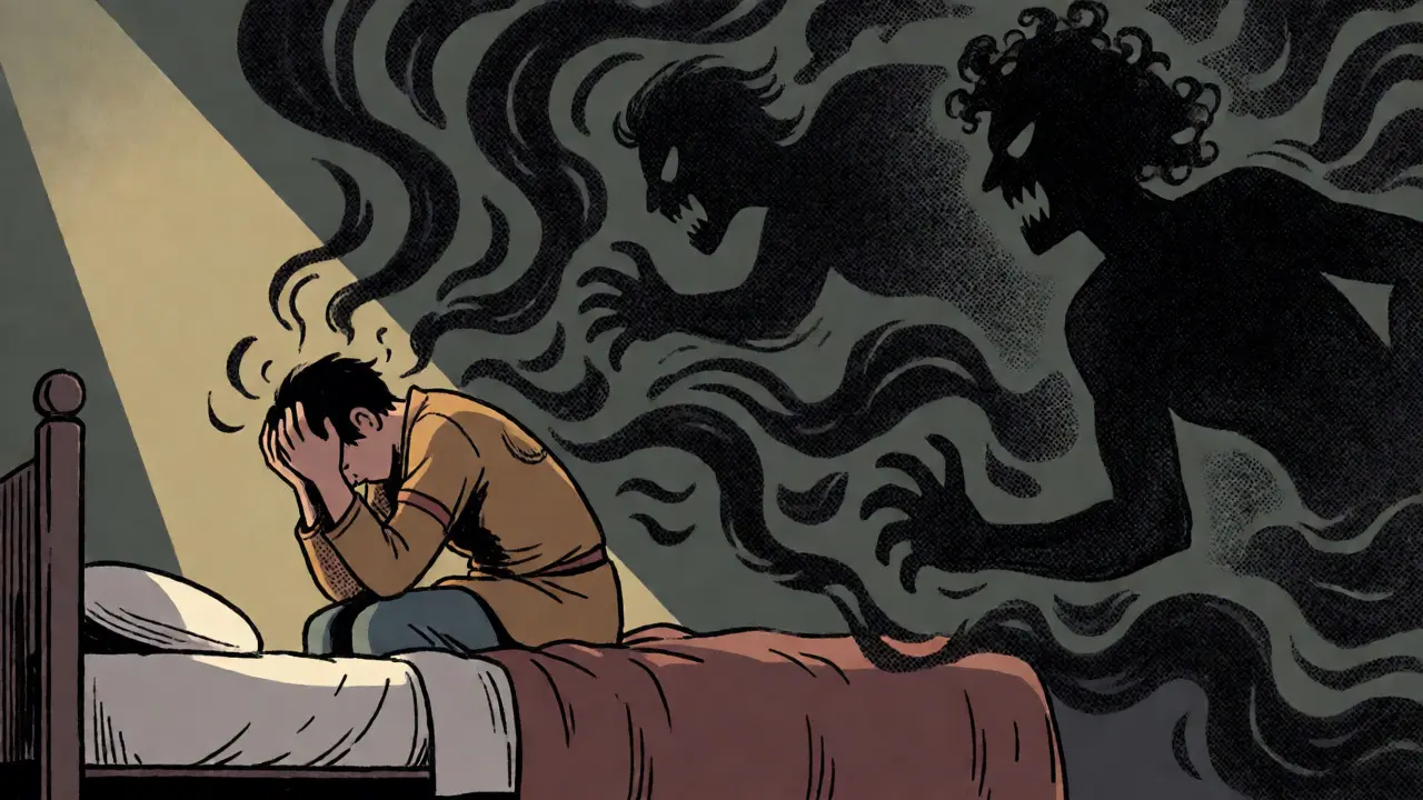 Person overwhelmed by shadowy figures representing jealousy and fear.