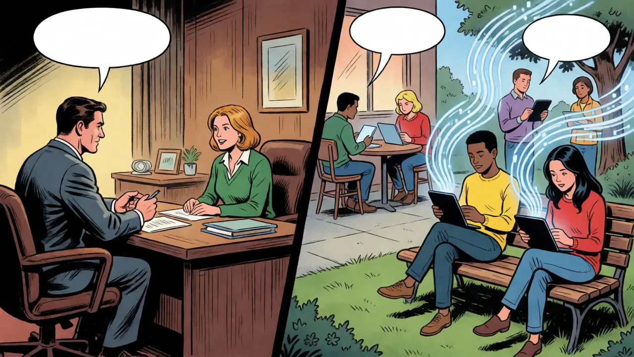 Porovnání tradiční terapie a digitální komunikace v panelovém komiksu.