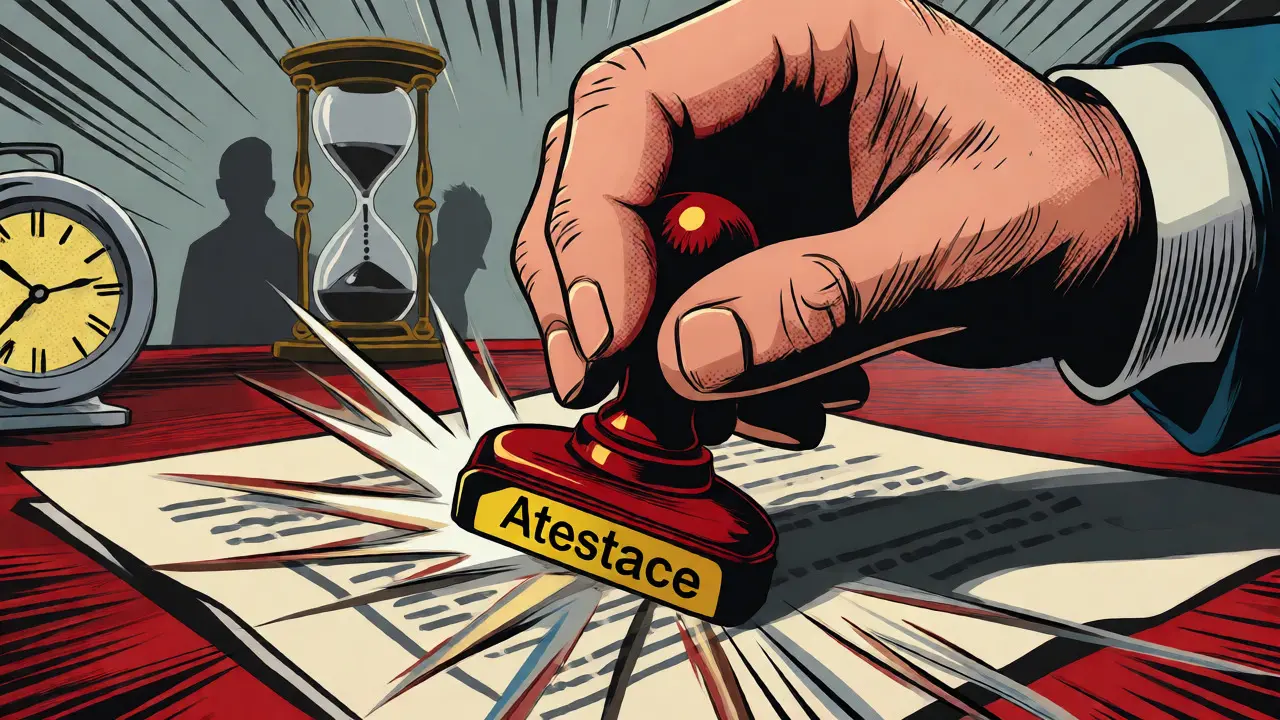 Terapeut razítkuje oficiální atestaci s efektem síly a energie.
