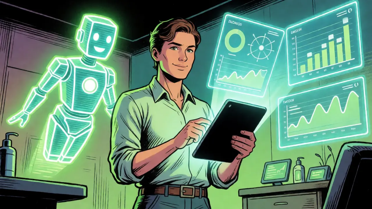 Terapeut s AI asistentem a holografickými daty ve stylu starého komiksu.