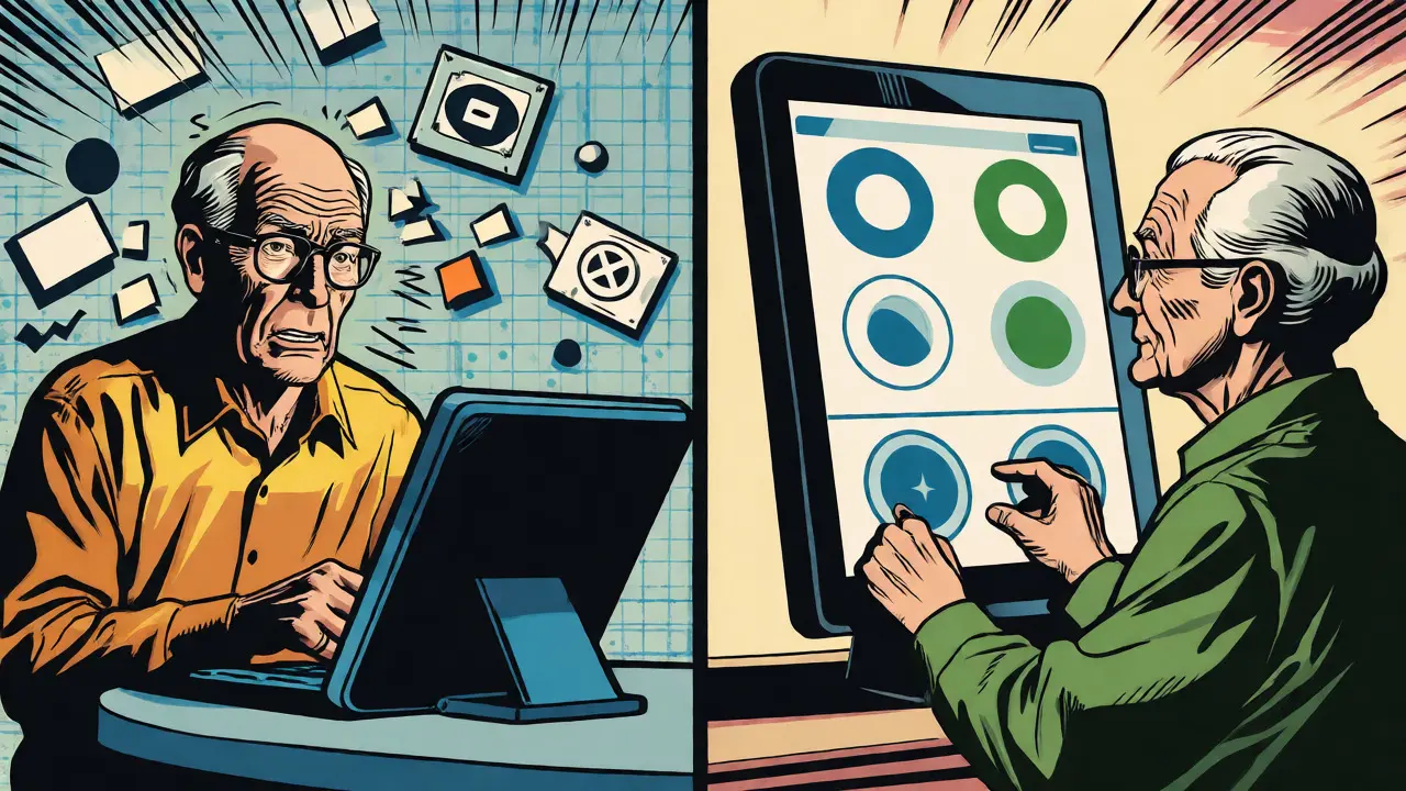 Comparison of complex vs. simple interfaces for seniors in comic style.