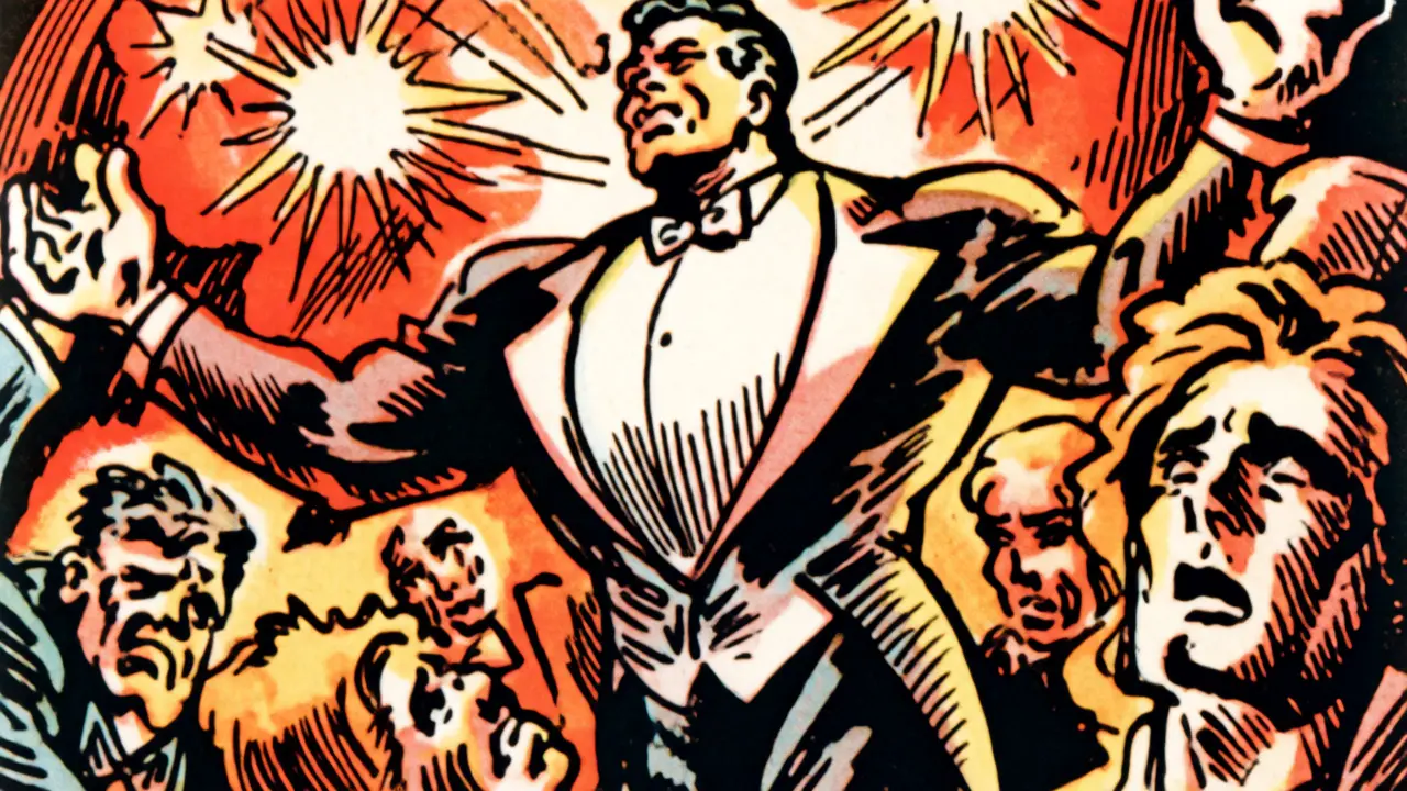 Dramatická scéna s narcistickou postavou ve stylu vintage komiksu