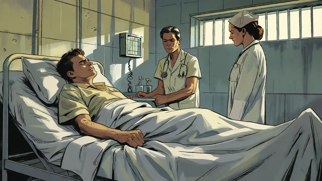 Komiksová scéna pacienta na lůžku s lékařským dohledem během akutní fáze odvykání.