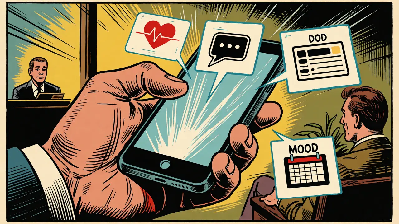Komiksová scéna s rukou držící telefon, z něhož vychází holografické ikony pro sledování zdraví a emocí.