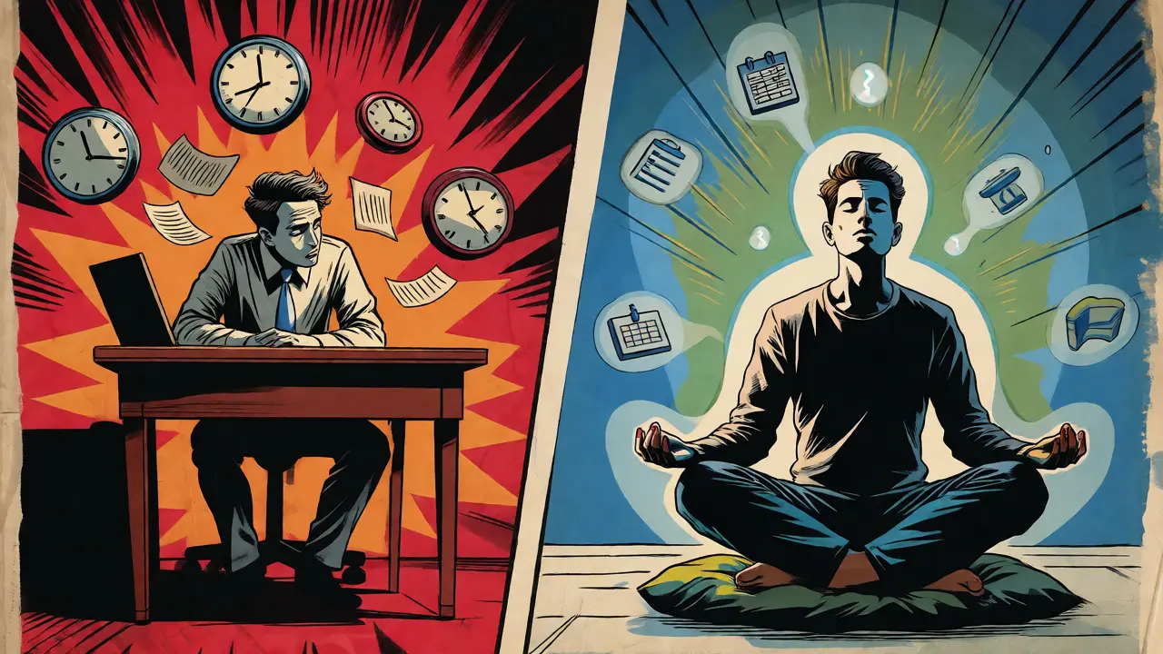 Porovnání stresu s ADHD a klidné meditace ve stylu komiksu