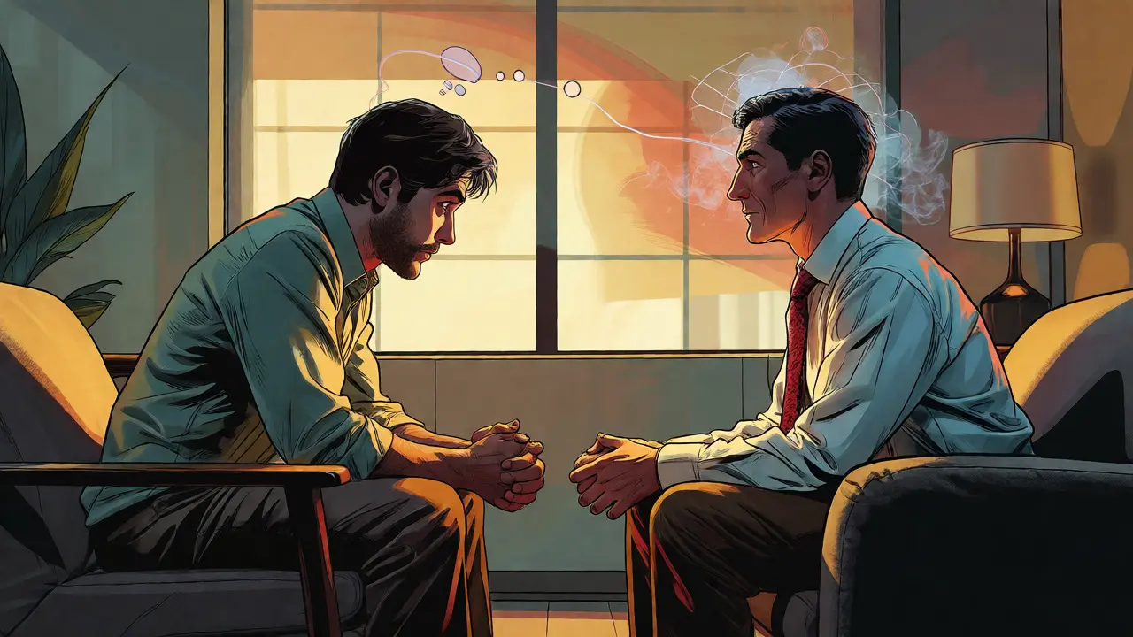 Scéna z terapie v komiksovém stylu s terapeutem a submisivním pacientem