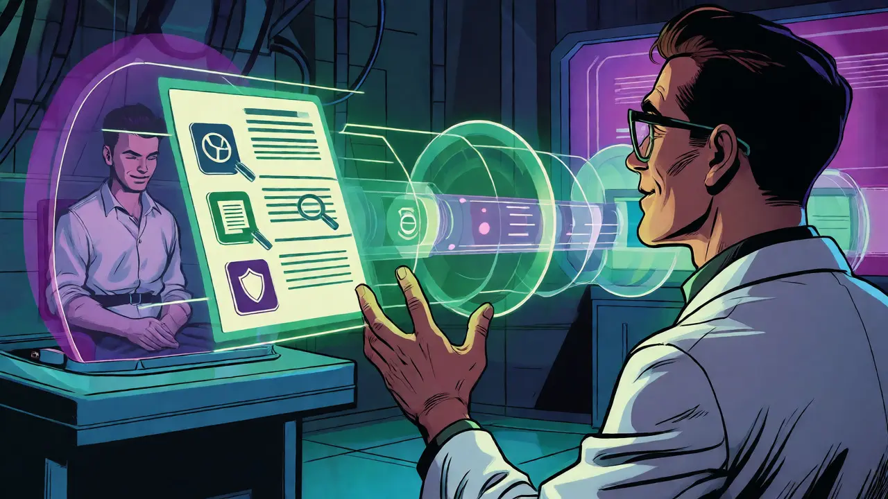 Vědec zkoumající hologram zabezpečené terapie s plovoucím bezpečnostním checklistem.