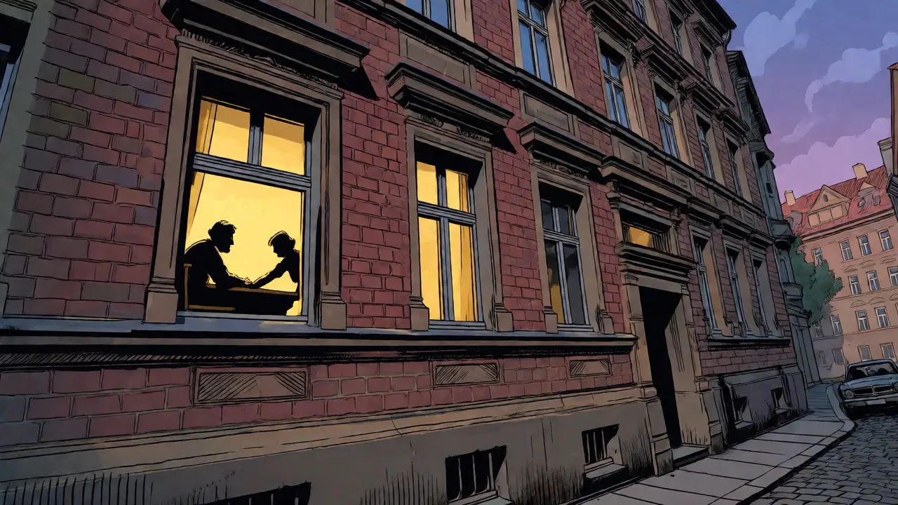 Warmly lit window of an apartment where a senior receives tech help.